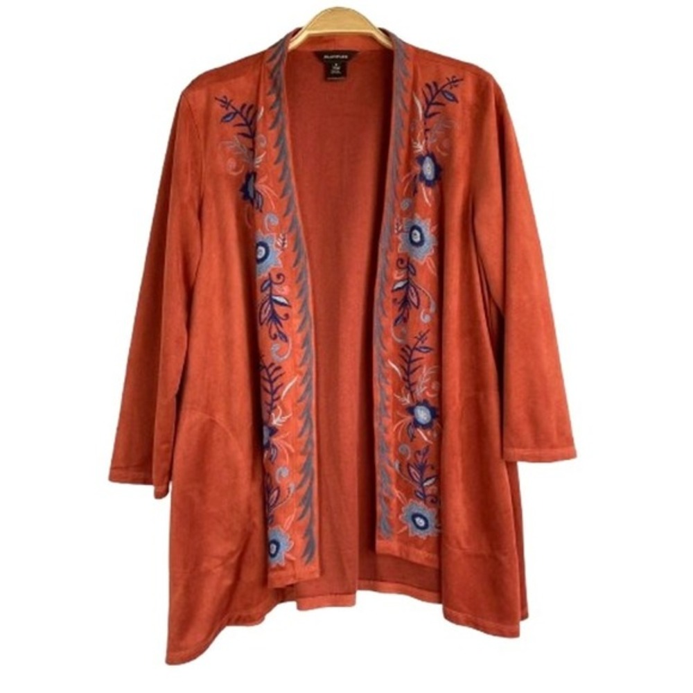 Boho Embroidered Open Front Cardigan Sweater Women S Rust Cottagecore Faux Suede